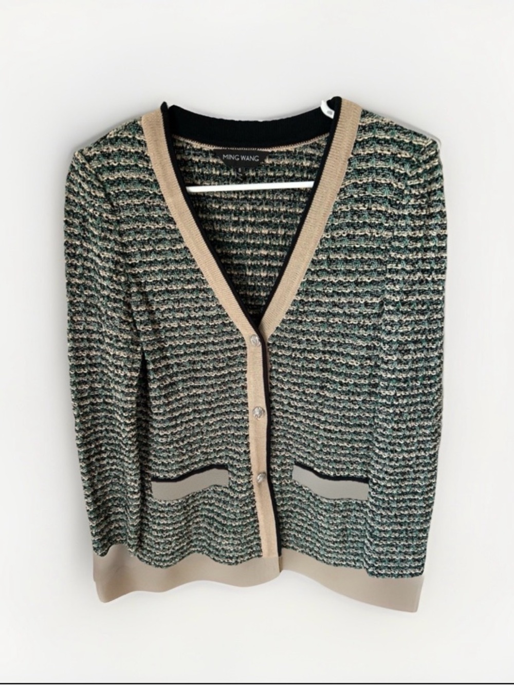Ming Wang Tailored Contrast Trim Tweed Knit Cardigan Jacket Sz L Classic luxury